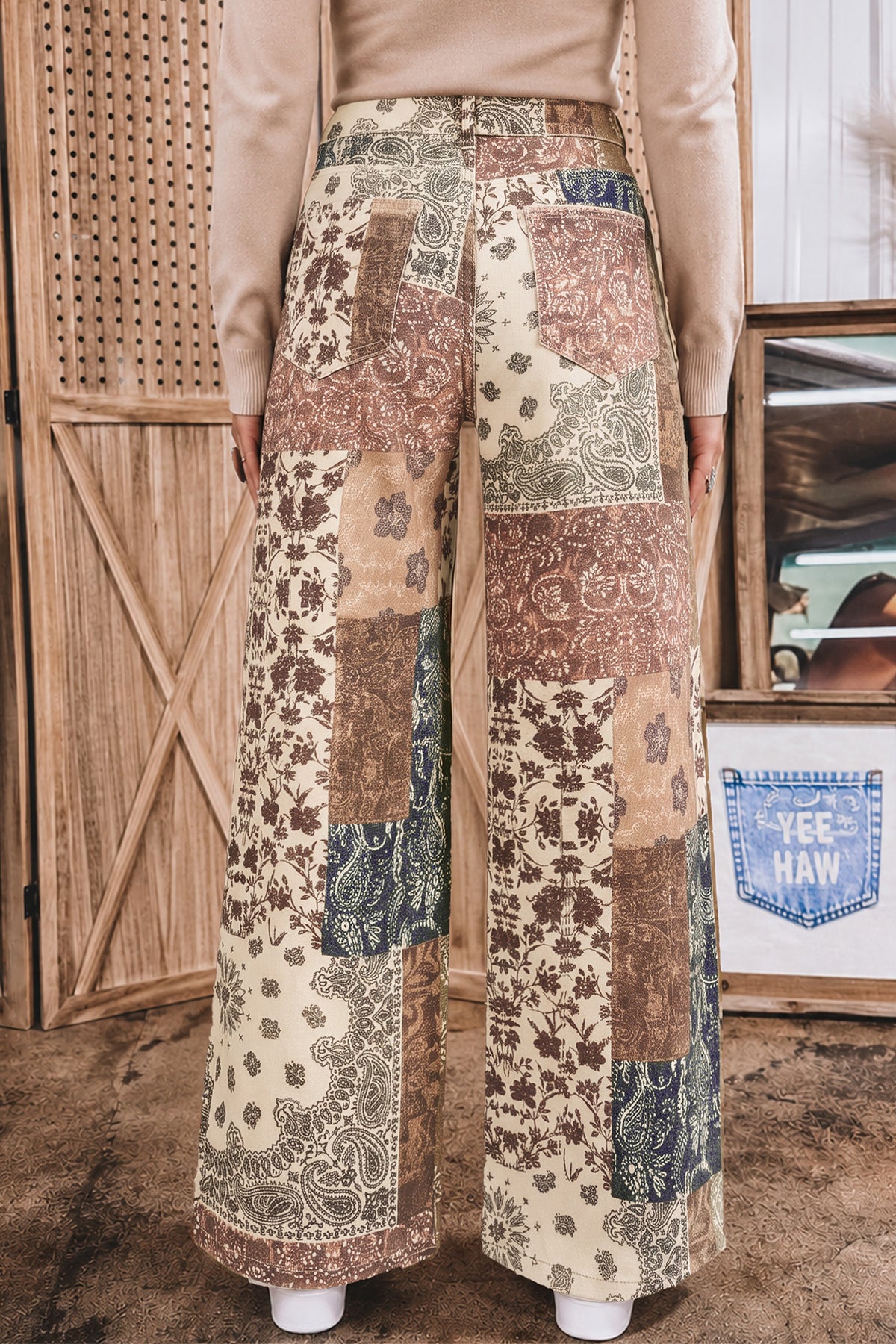 Khaki Patchwork Print Casual Shift Jeans
