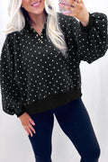 Black Polka Dot Print Metal Button Collar Casual Pullover Sweatshirt