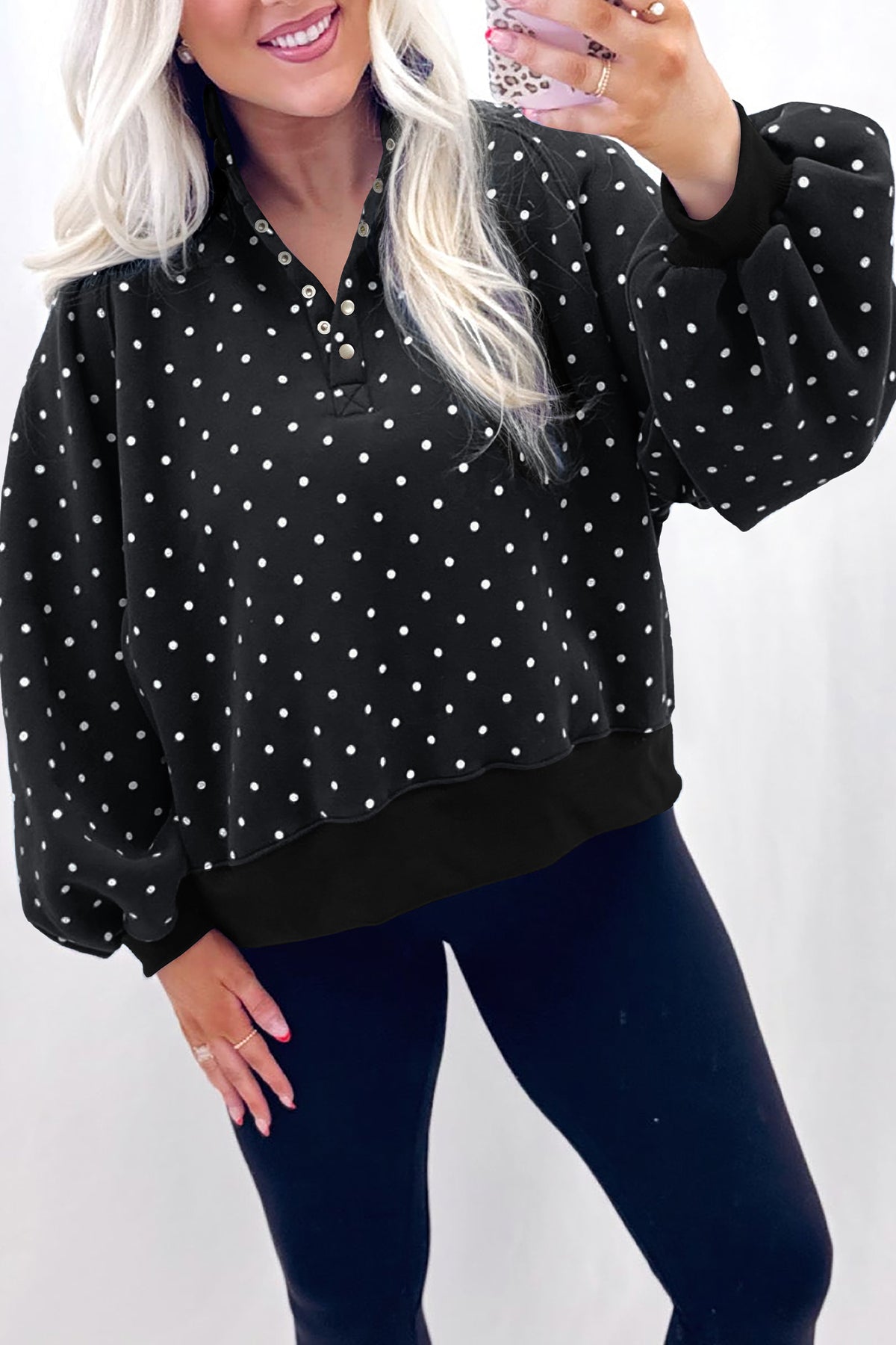 Black Polka Dot Print Metal Button Collar Casual Pullover Sweatshirt