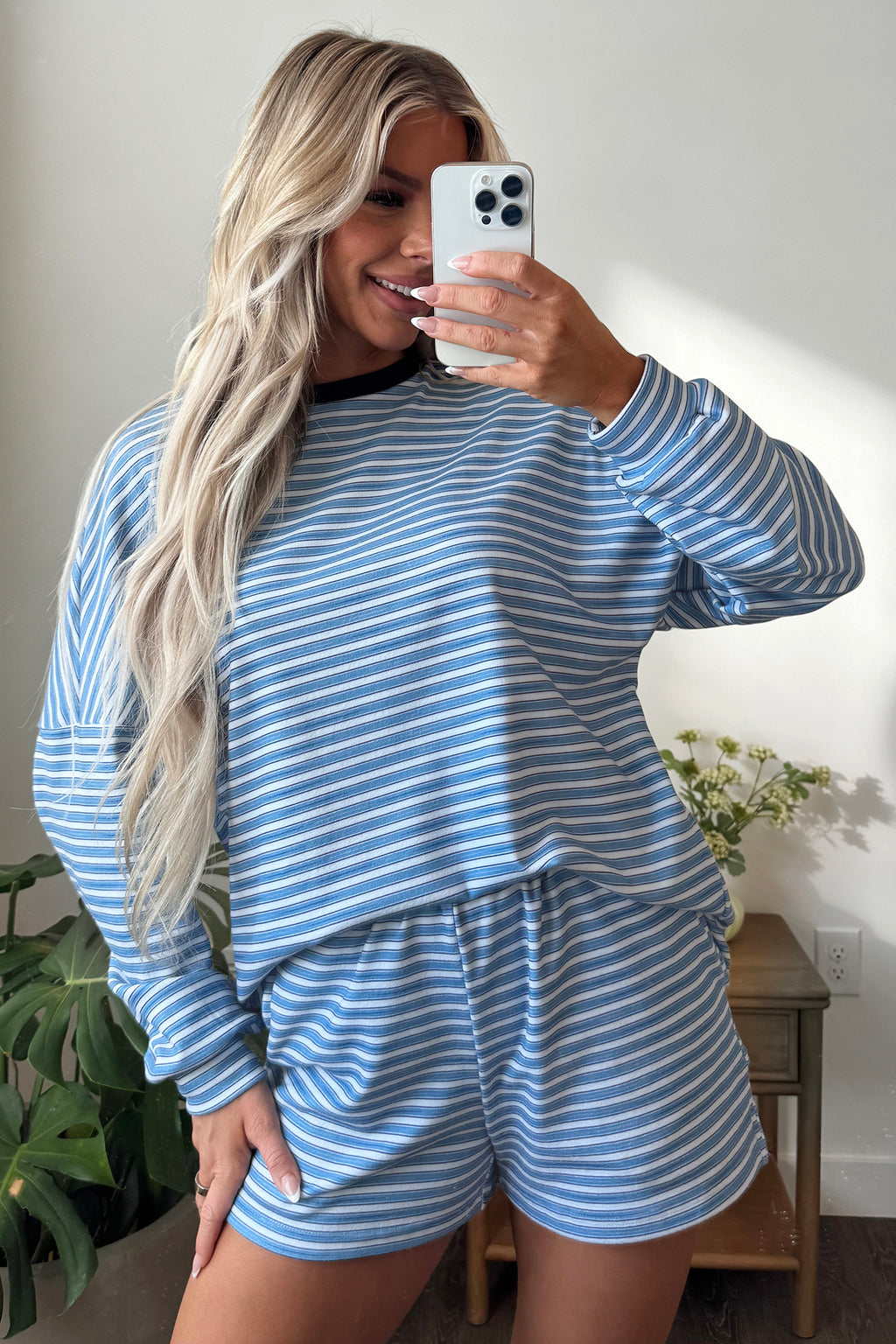 Sky Blue Stripe Long Sleeve Oversized Top Pocketed Casual Shorts Two Piece Set
