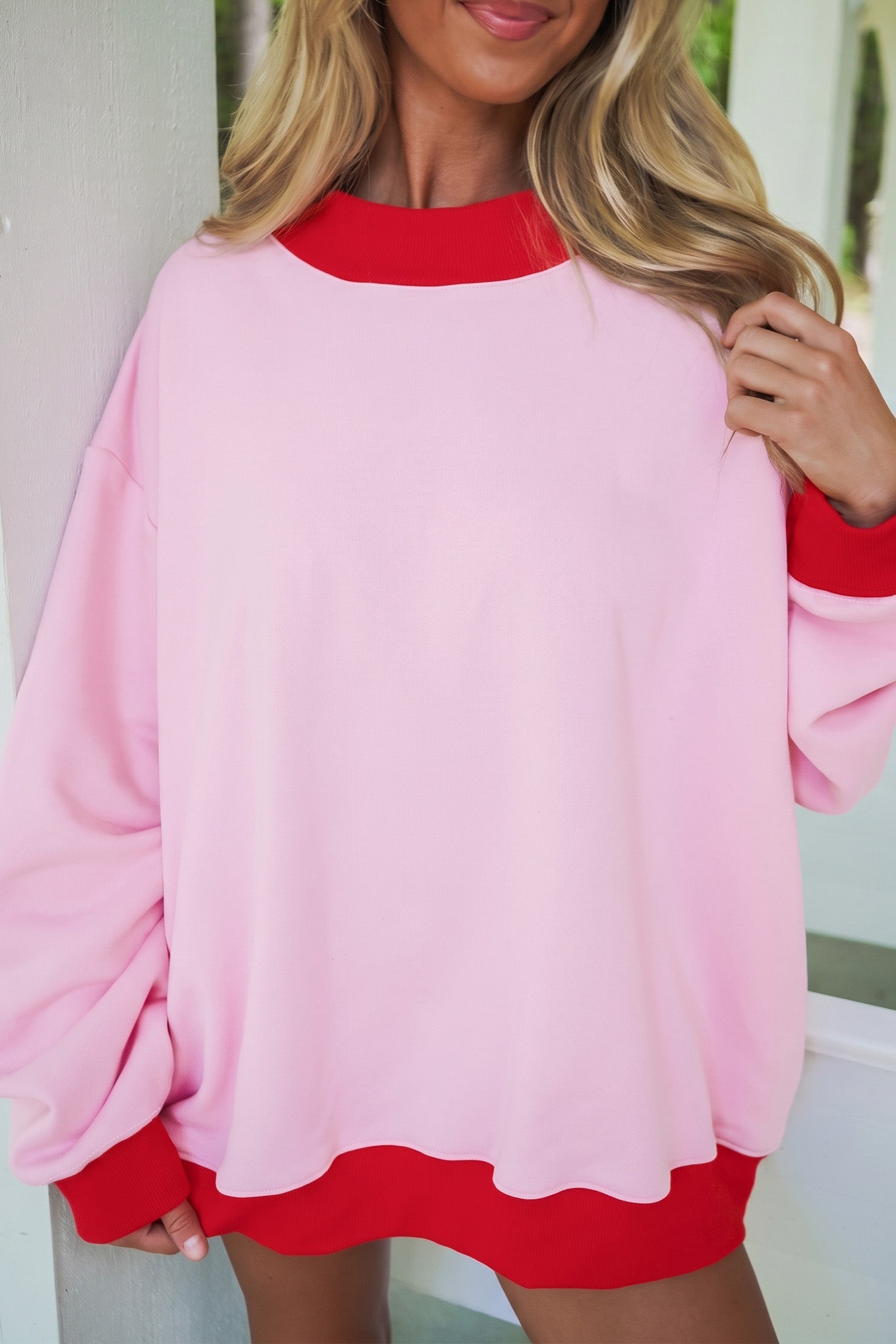 Pink Colorblock Trim Crewneck Long Sleeve Pullover Sweatshirt