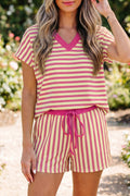 Pink Stripe Colorblock Trim V Neck Tee Drawstring Elastic Waist Short Set