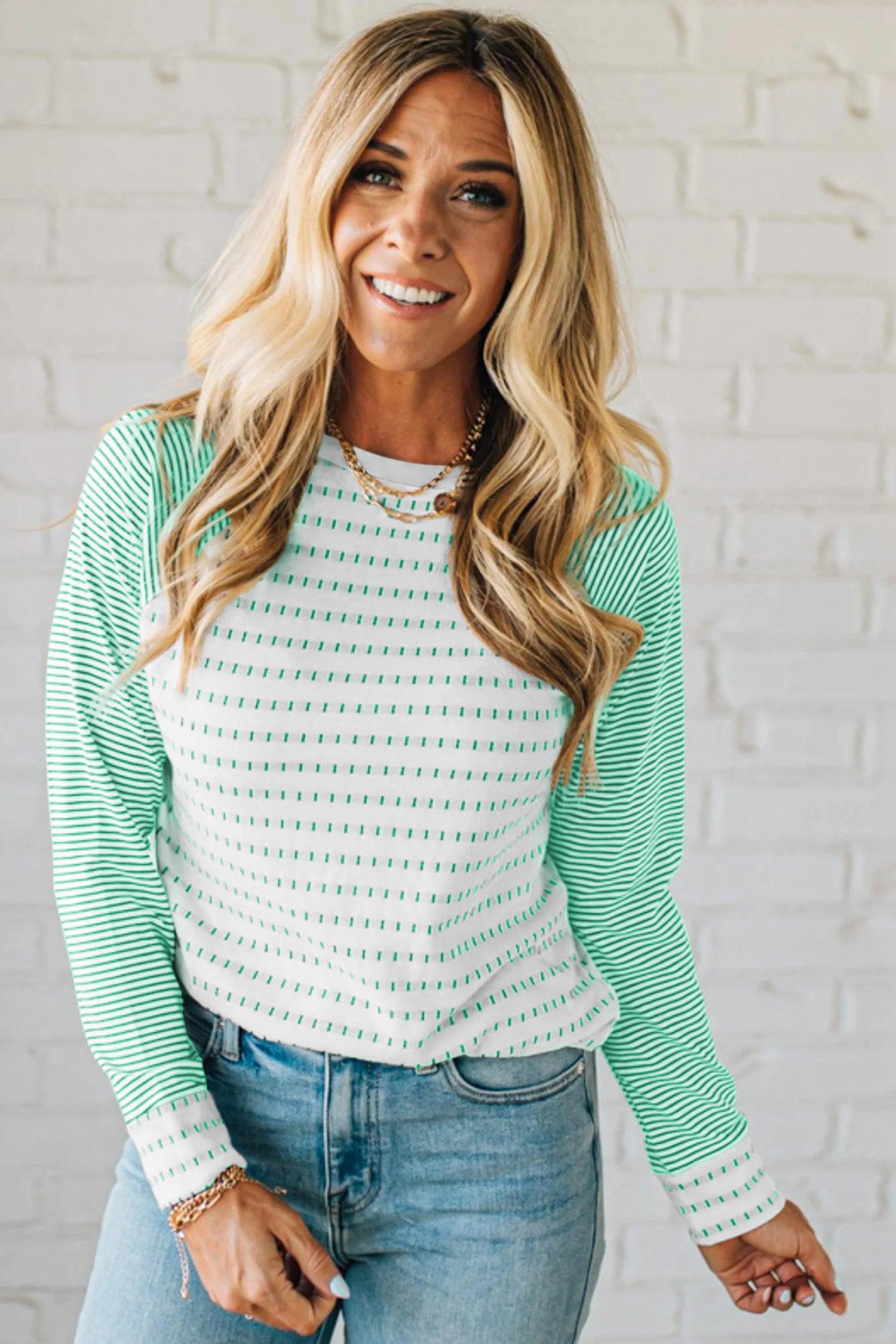 Green Stripe Raglan Patchwork Long Sleeve Tee
