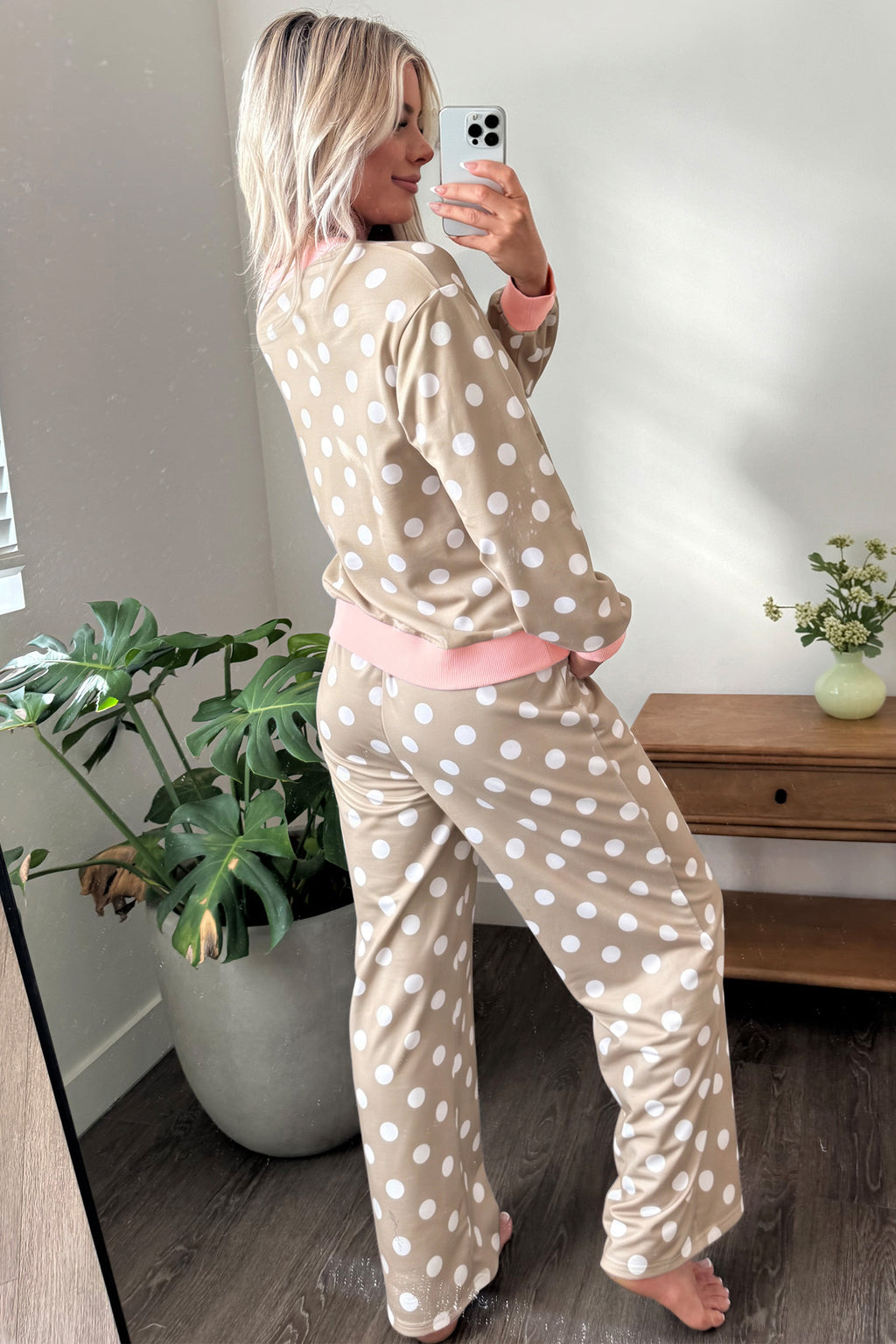 Khaki Polka Dot Contrast Trim Long Sleeve Top Drawstring Shift Pants Set