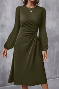 Jungle Green Solid Color Ruched Detail Long Sleeve Midi Dress
