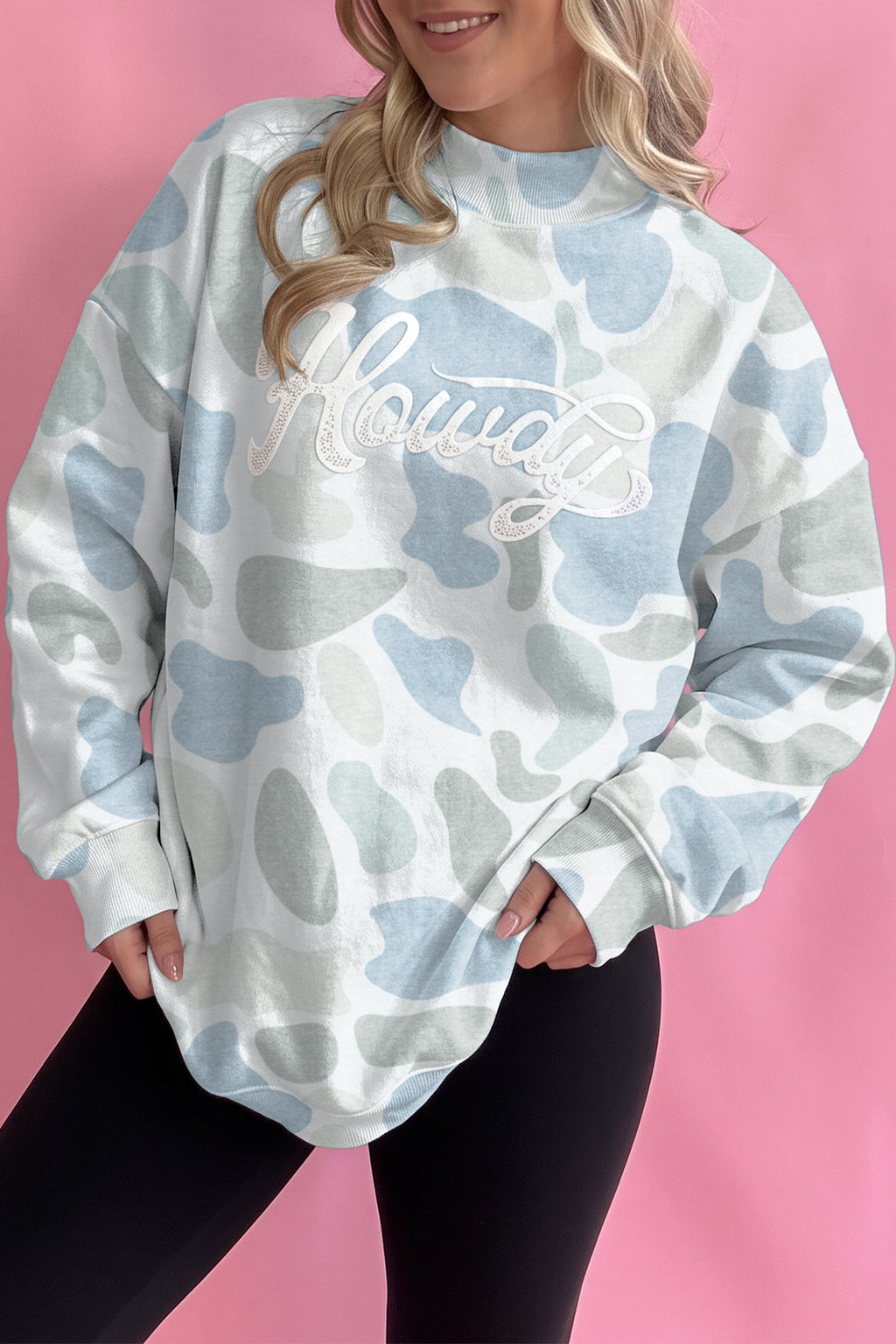 Pink Camo Print Howdy Western Style Baggy Pullover Sweatshirt
