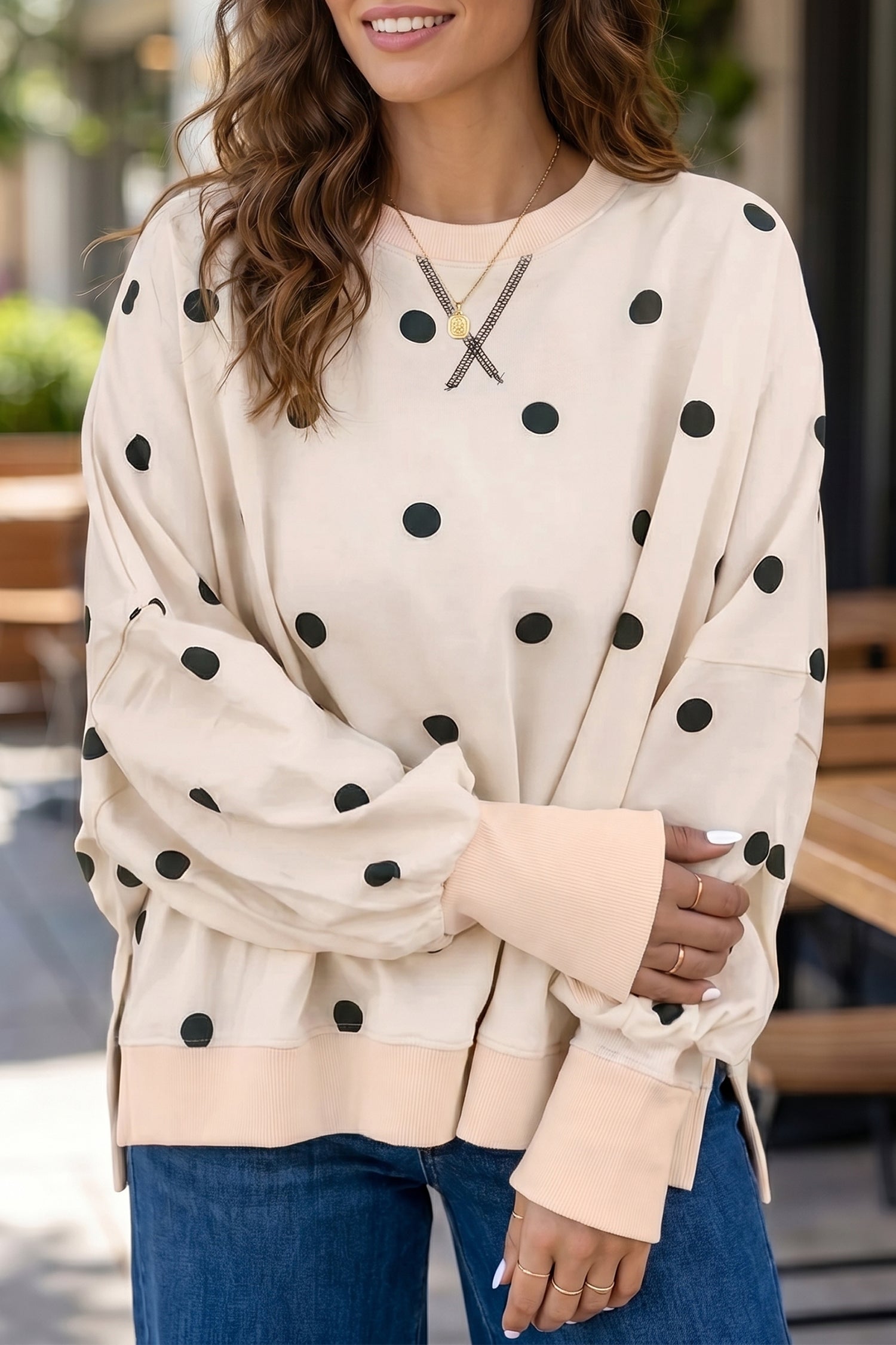 Beige Loose-fit Long Sleeve Round Neck Polka Dot Tunic Sweatshirt