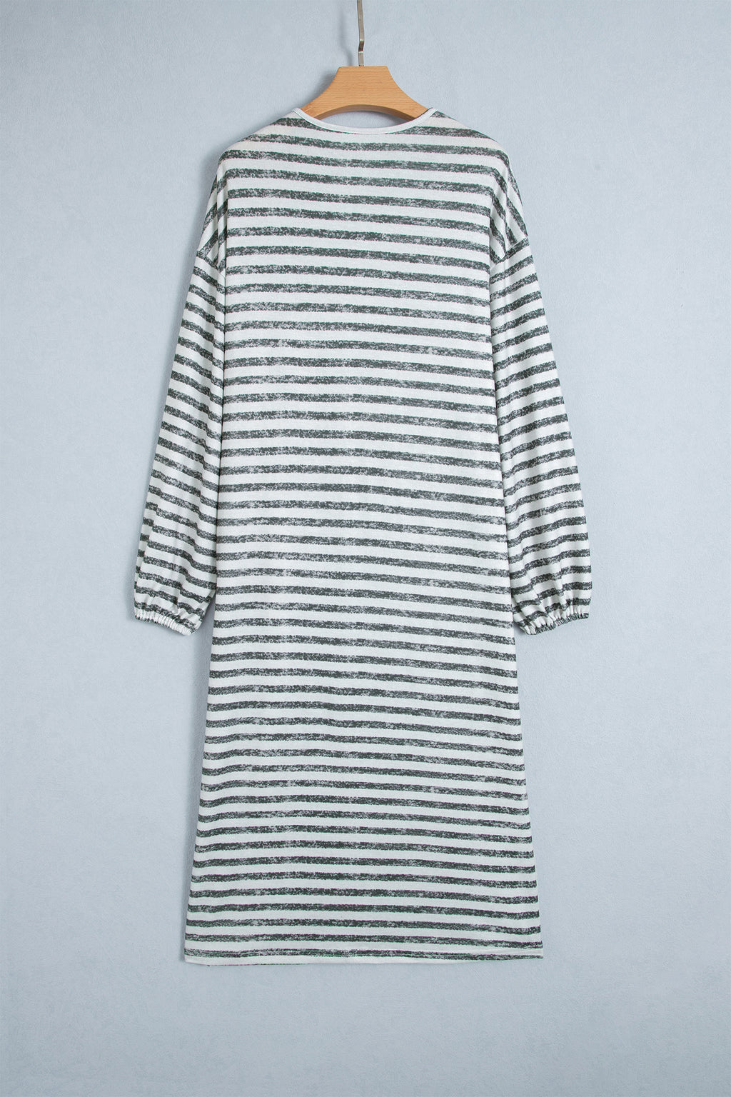 Khaki Stripe Long Puff Sleeve Open Front Oversized Long Cardigan