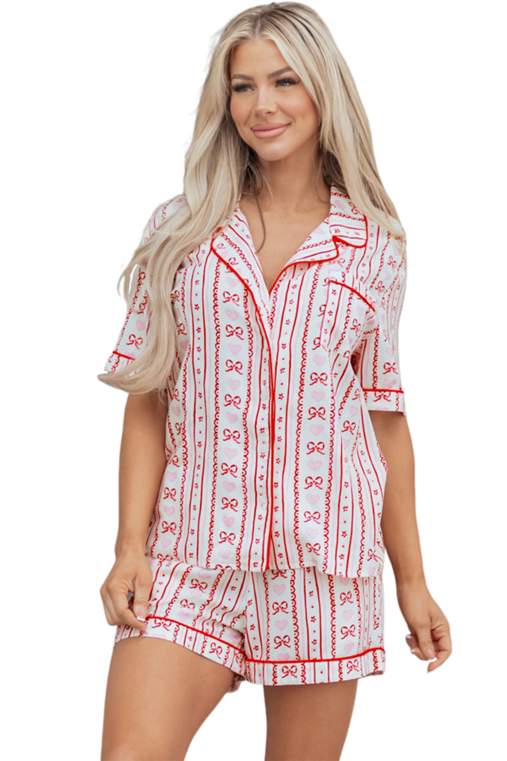 Red Cute Bow Heart Print Ribbon Decor Short 2pcs Pajama Set