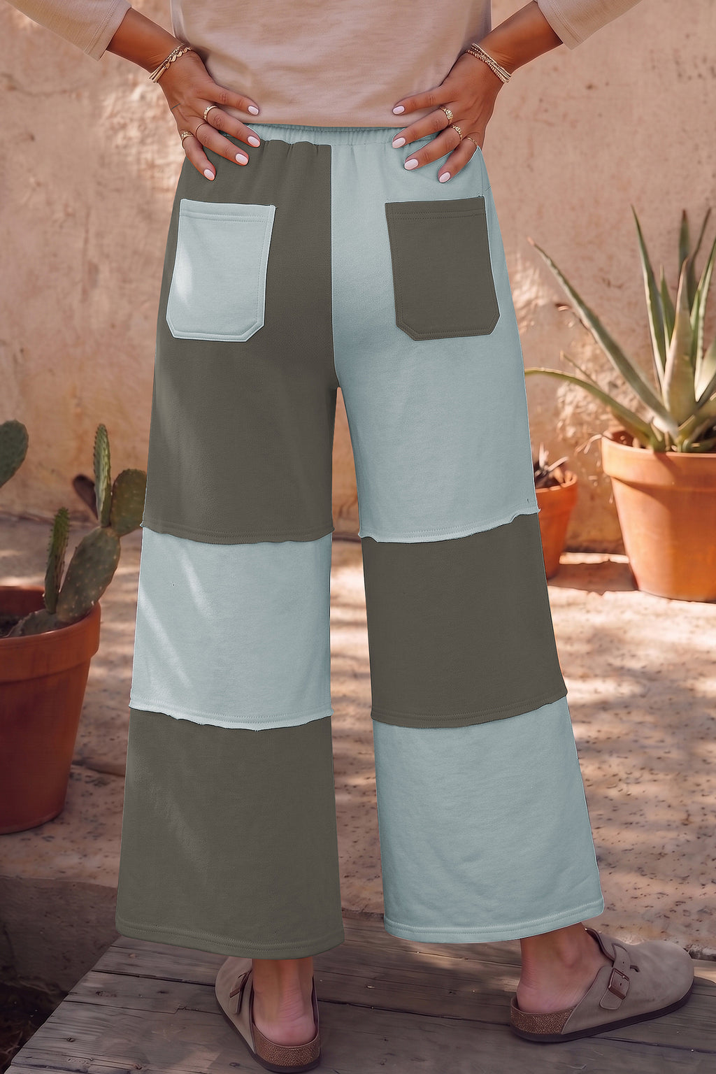 Beau Blue Raw Seam Colorblock Wide Leg Ankle Length Casual Pants