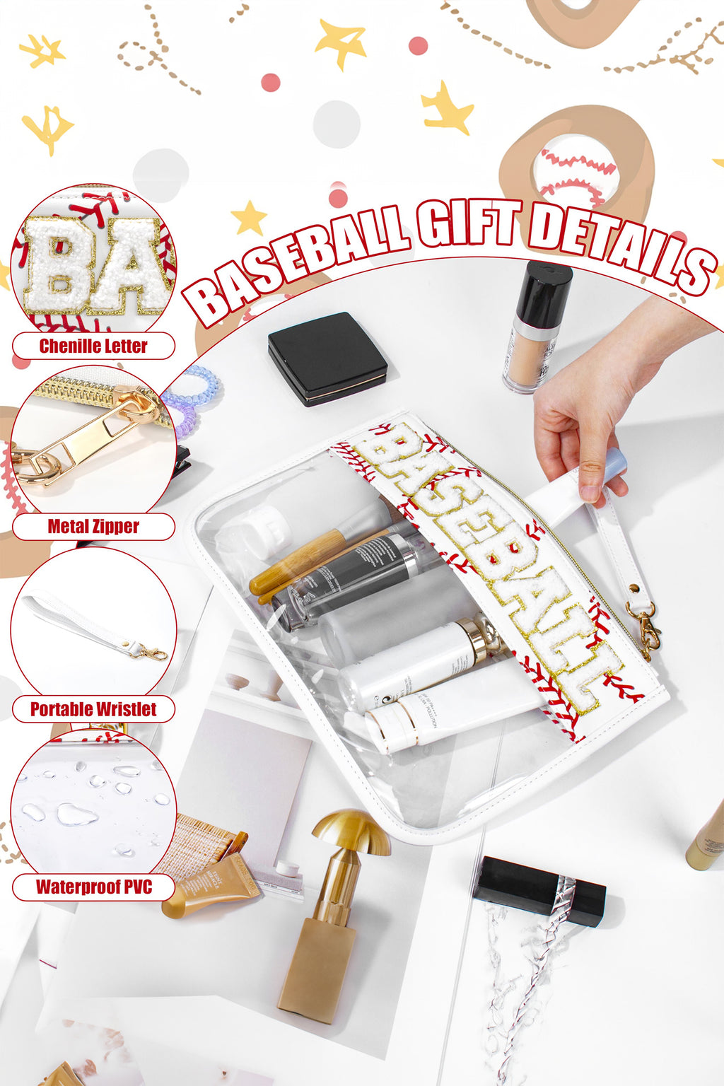 Jurassic Gold BASKETBALL Chenille Letter Patch Game Day Stadium Clear PVC Cosmetic Bag