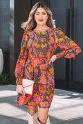 Multicolour Floral Print Long Sleeve Smocked Ruffled Mini Dress