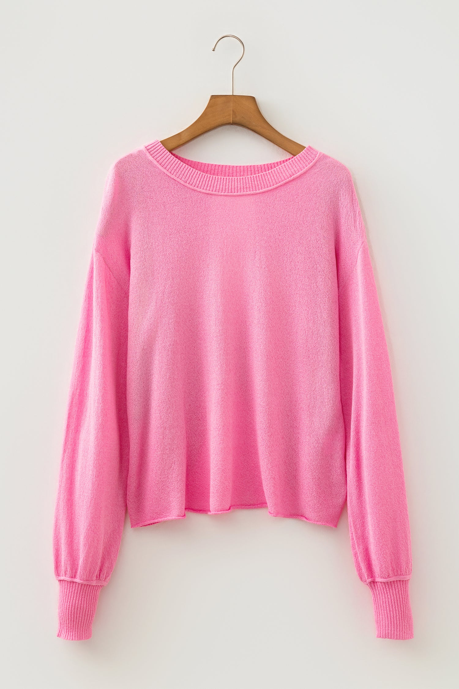 Pink Drop Shoulder Round Neck Long Sleeve Backless Pullover Sweater