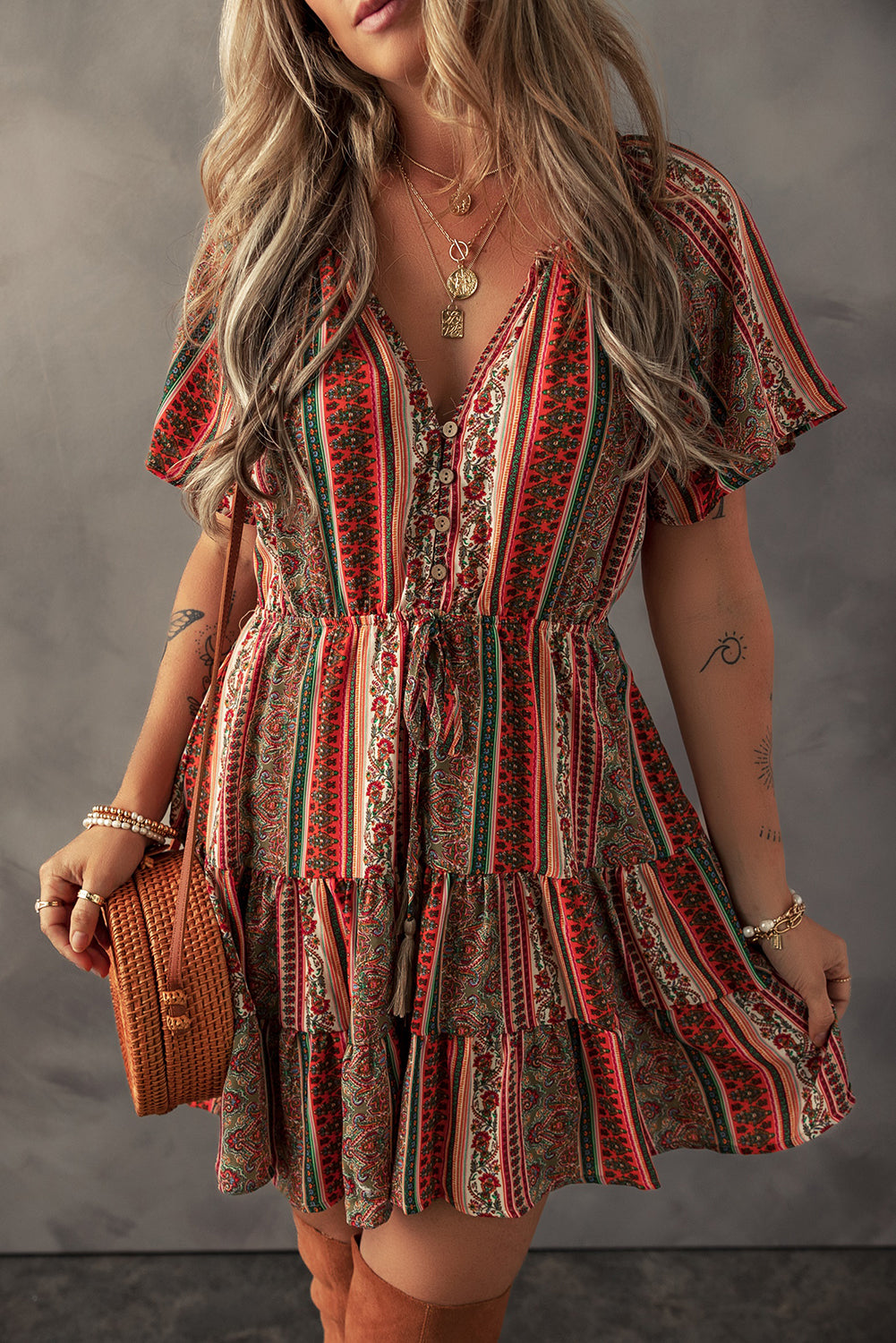 Red Bohemian Floral Print Buttoned V Neck Ruffle Tiered Dress