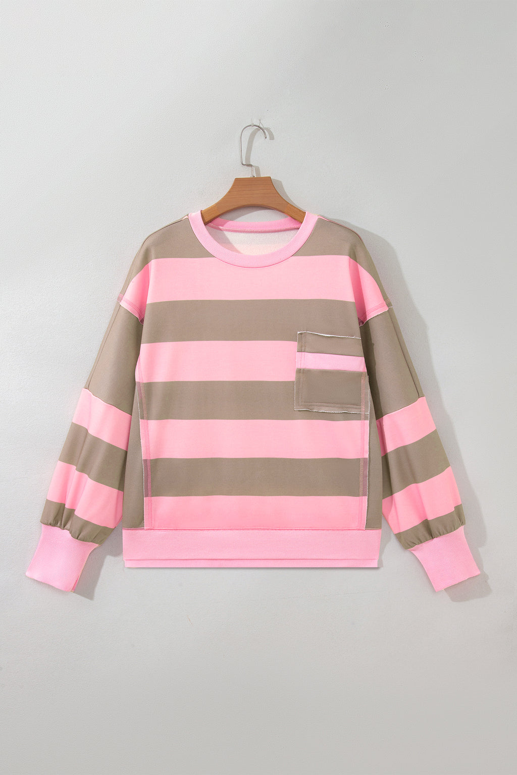 Pink Stripe Striped Colorblock Patch Pocket Split Hem Oversized Long Sleeve Sweatshirt