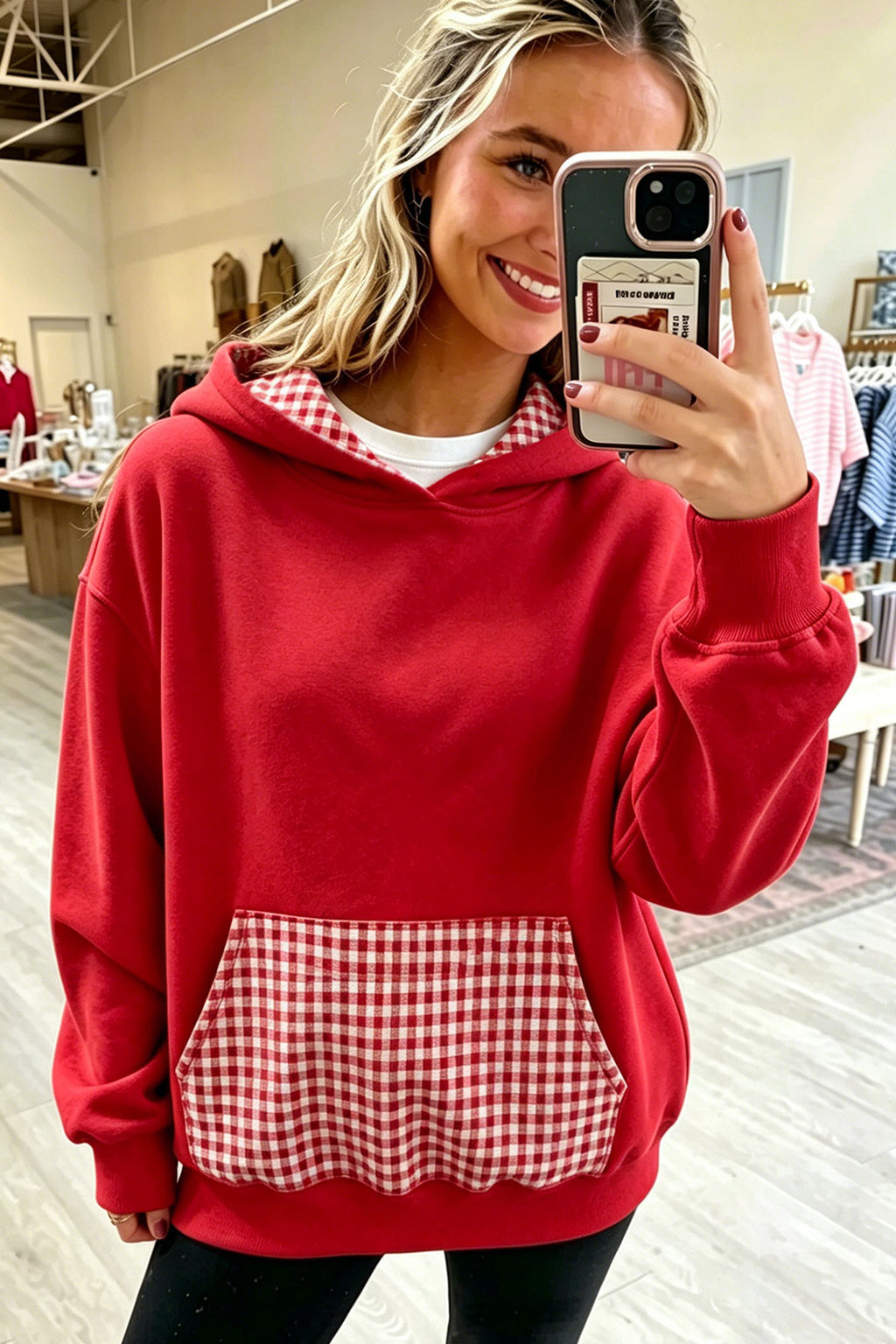 Sky Blue Plaid Patchwork Front Pocket Casual Hoodie