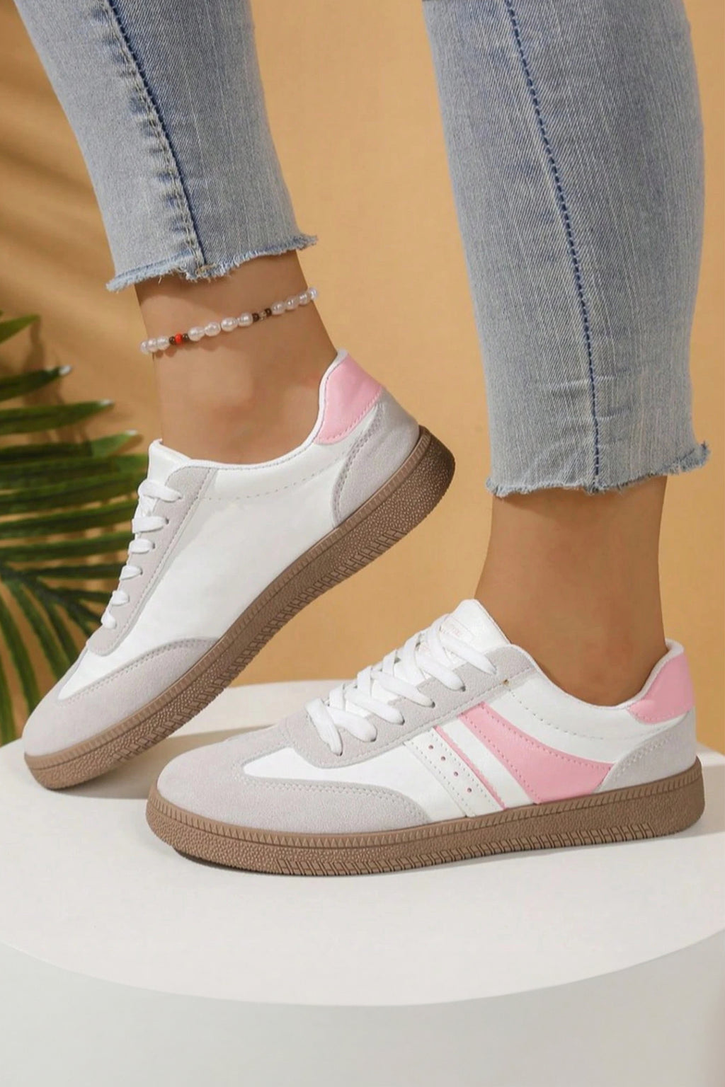 Pink Fashionable Patchwork Lace Up Low Top Casual Flat Sneakers