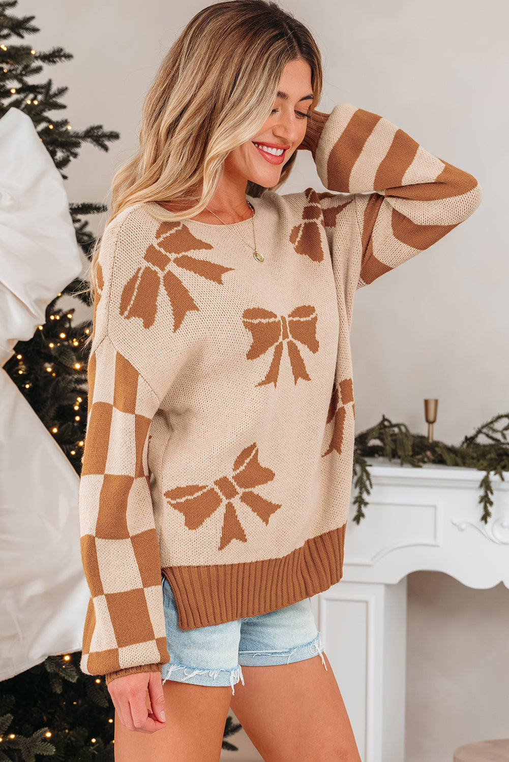 Straw Yellow Ribbon Bow Print Checkered Striped Sleeve Drop Shoulder Sweater