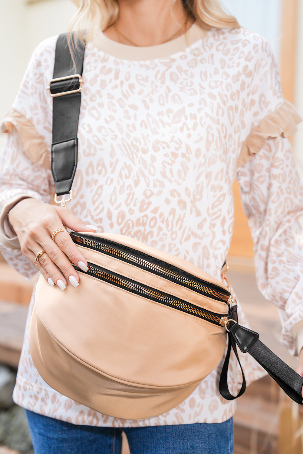 Camel Double Zip Crescent Shape Adjustable Sling Bag