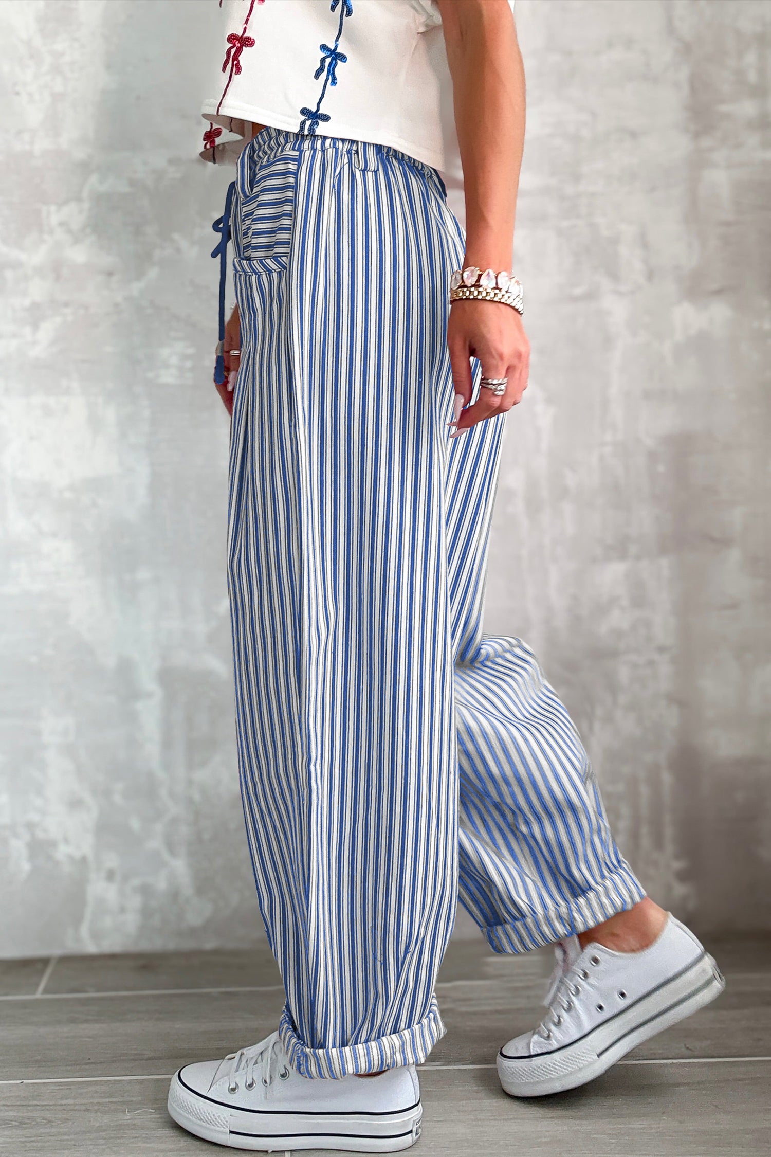 Blue Stripe Drawstring Casual Loose Pants