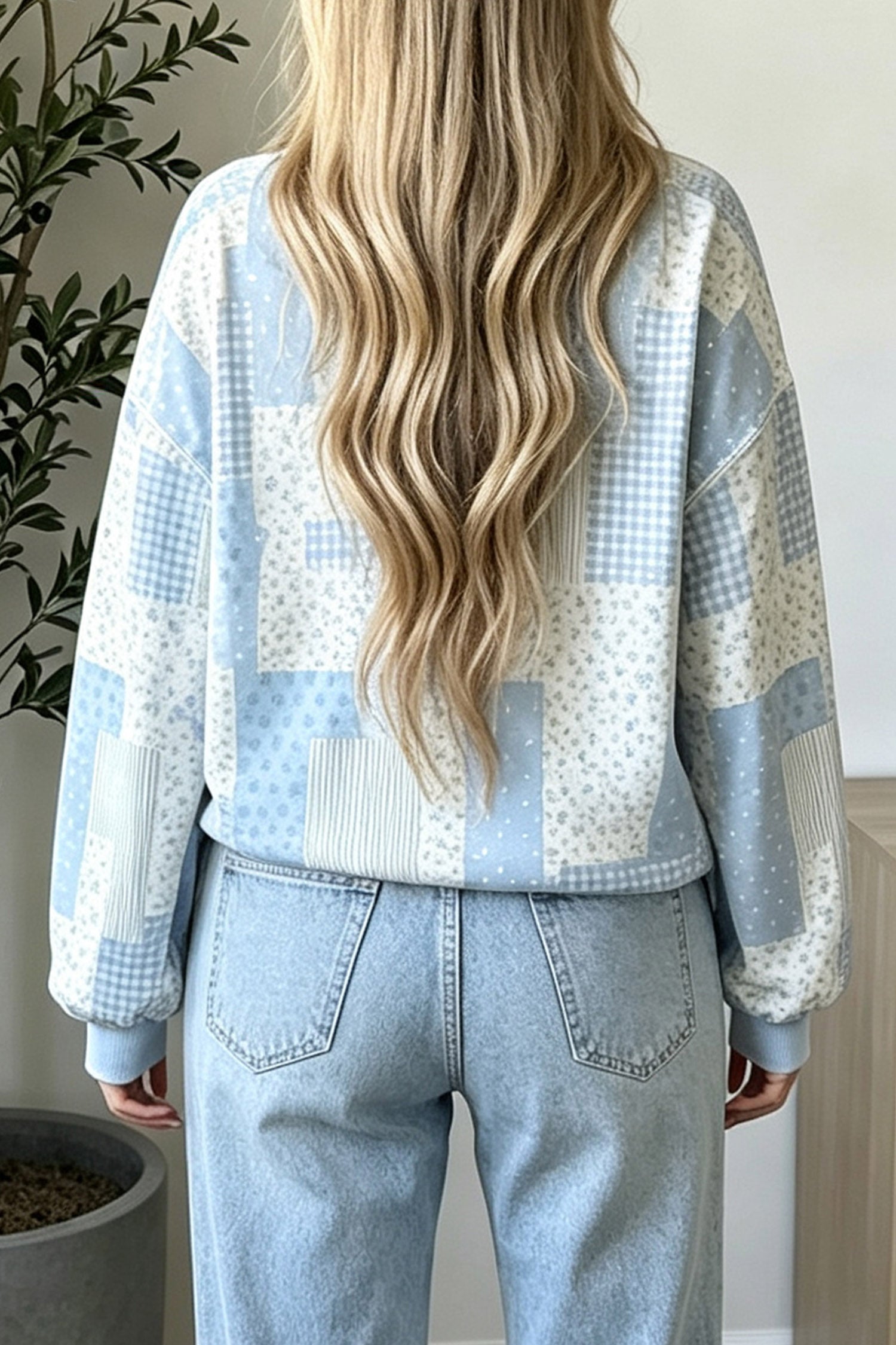 Sky Blue Patchwork Floral Print Mock Neck Long Sleeve Sweatshirt