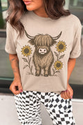 Khaki Western Print Highland Cow Graphic T-Shirt