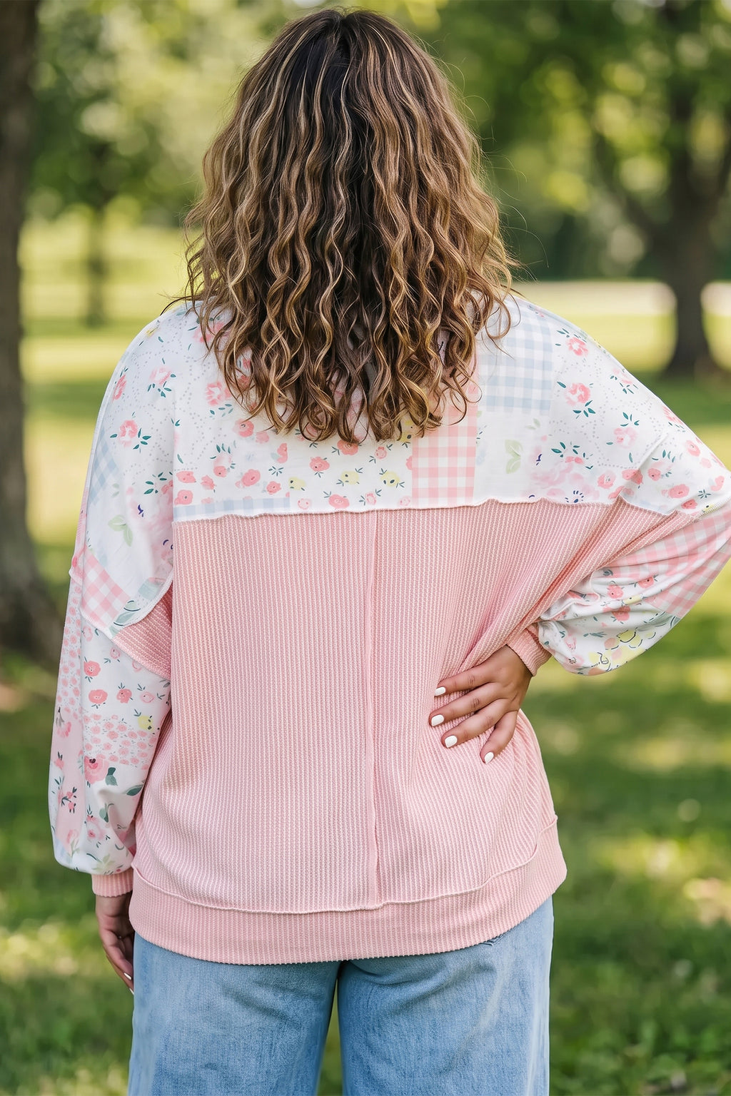 Pink Patchwork Floral Print Long Sleeve Tunic Plus Size Blouse