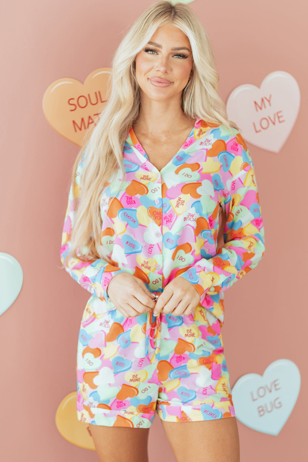 Pink Valentines Candy Heart V Neck Collared Tunic Shirt and Shorts 2pcs Pajama Set