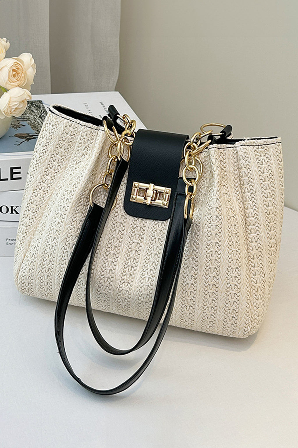 Black PU Leather Chain Handle Woven Textured Knit Tote Bag