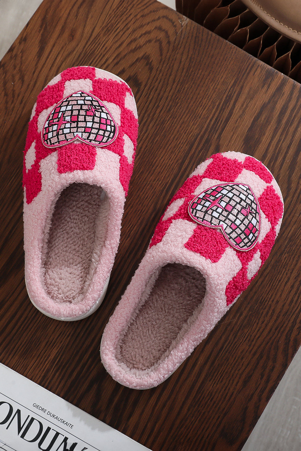 Fiery Red Disco Checkered Heart Plush Winter House Slippers