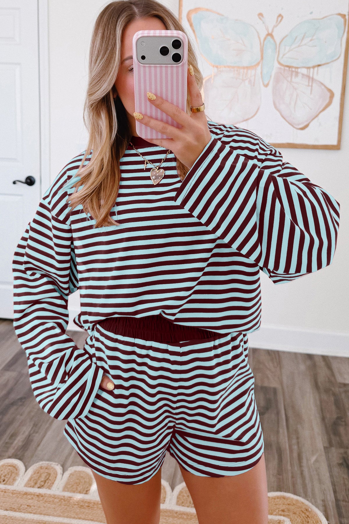Brown Stripe Relaxed Long Sleeve Top Contrast Elastic Waistband Short Set