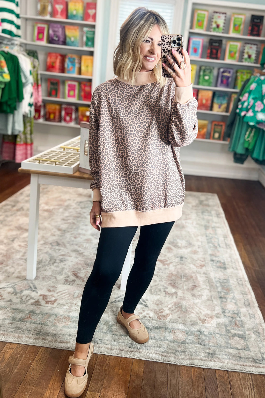 Multicolour Leopard Print High Neck Long Sleeve Ribbed Cuffs Hem Sweatshirt