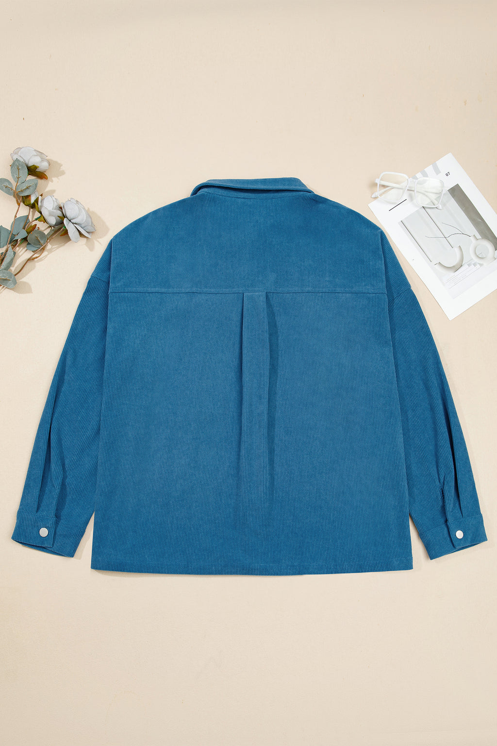 Blue Embroidered Corduroy V-Neck Long Sleeve Plus Size Shirt