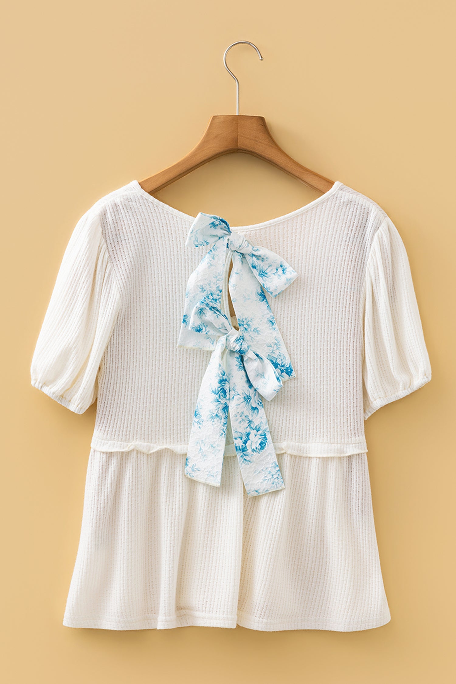 White Textured Knit V Neck Short Bubble Sleeve Peplum Top