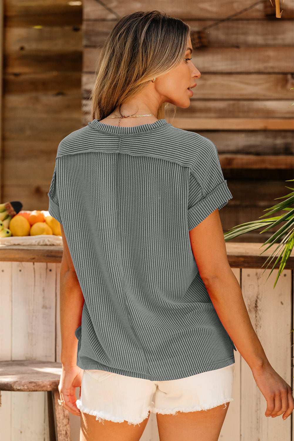 Bonbon Textured Knit Exposed Stitching T-shirt