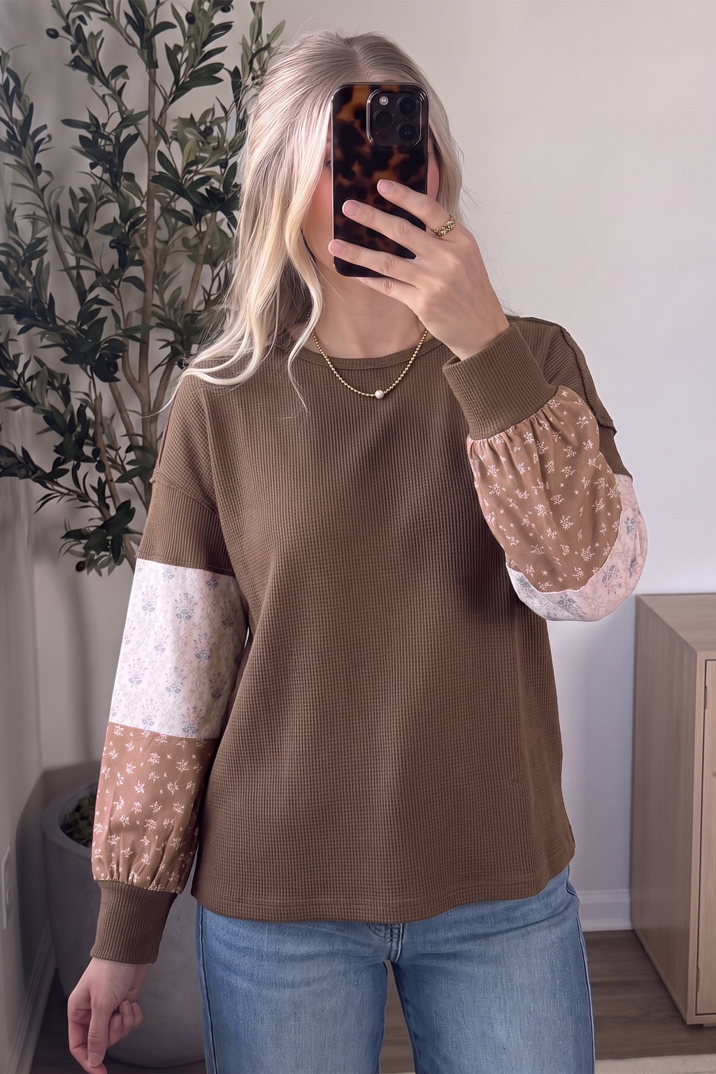 Coffee Floral Print Colorblock Long Sleeve Textured Loose Pullover Tunic Top