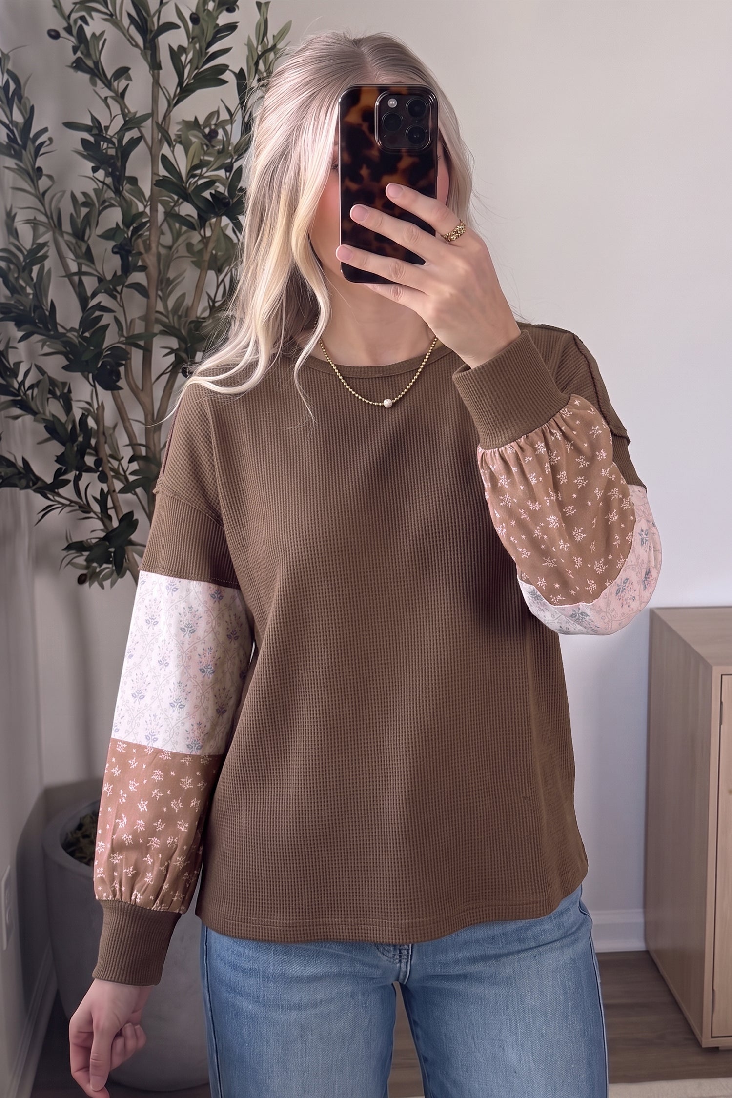 Coffee Floral Print Colorblock Long Sleeve Textured Loose Pullover Tunic Top