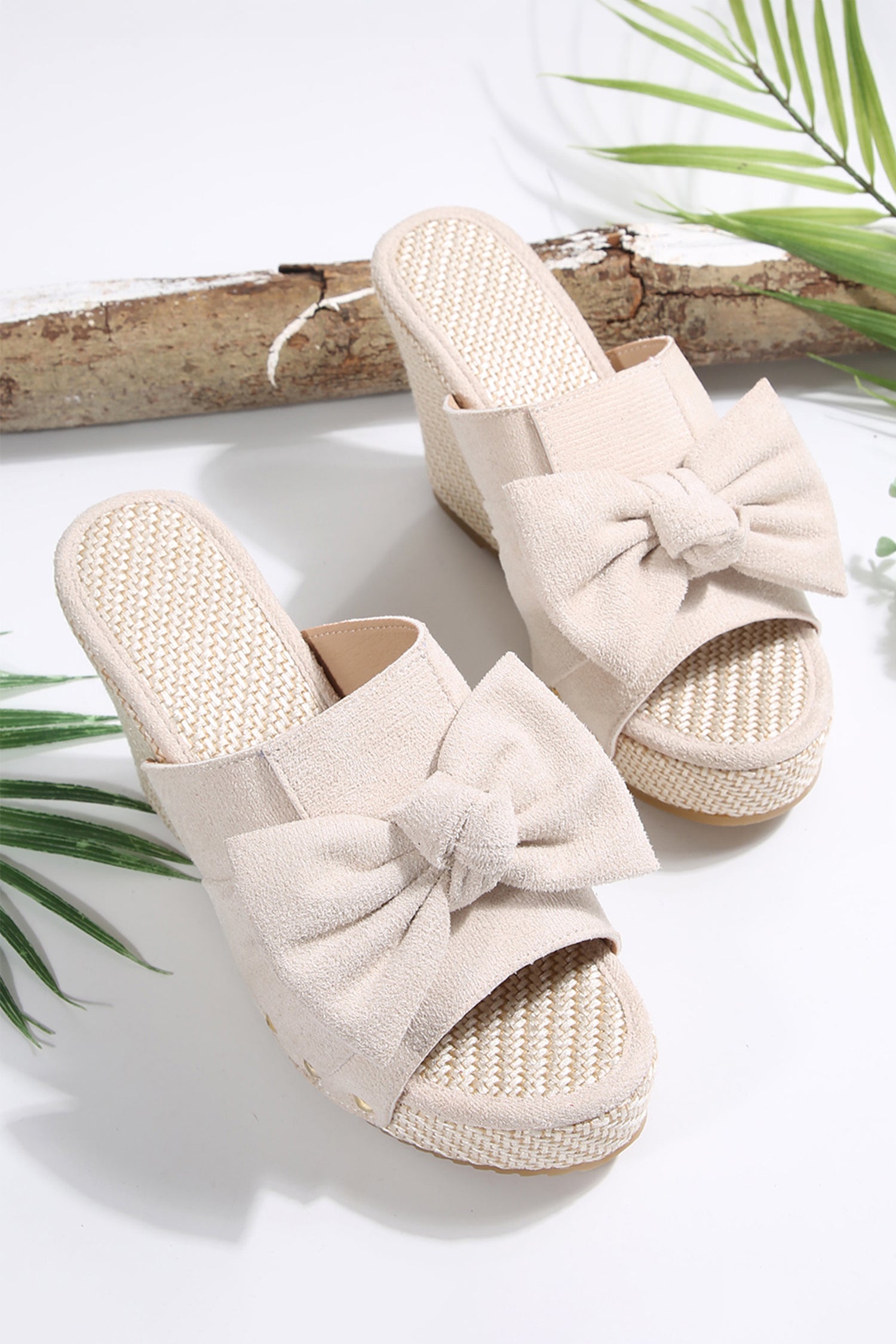 Oatmeal Cute Bow Knot Studded Wedge Platform Slippers
