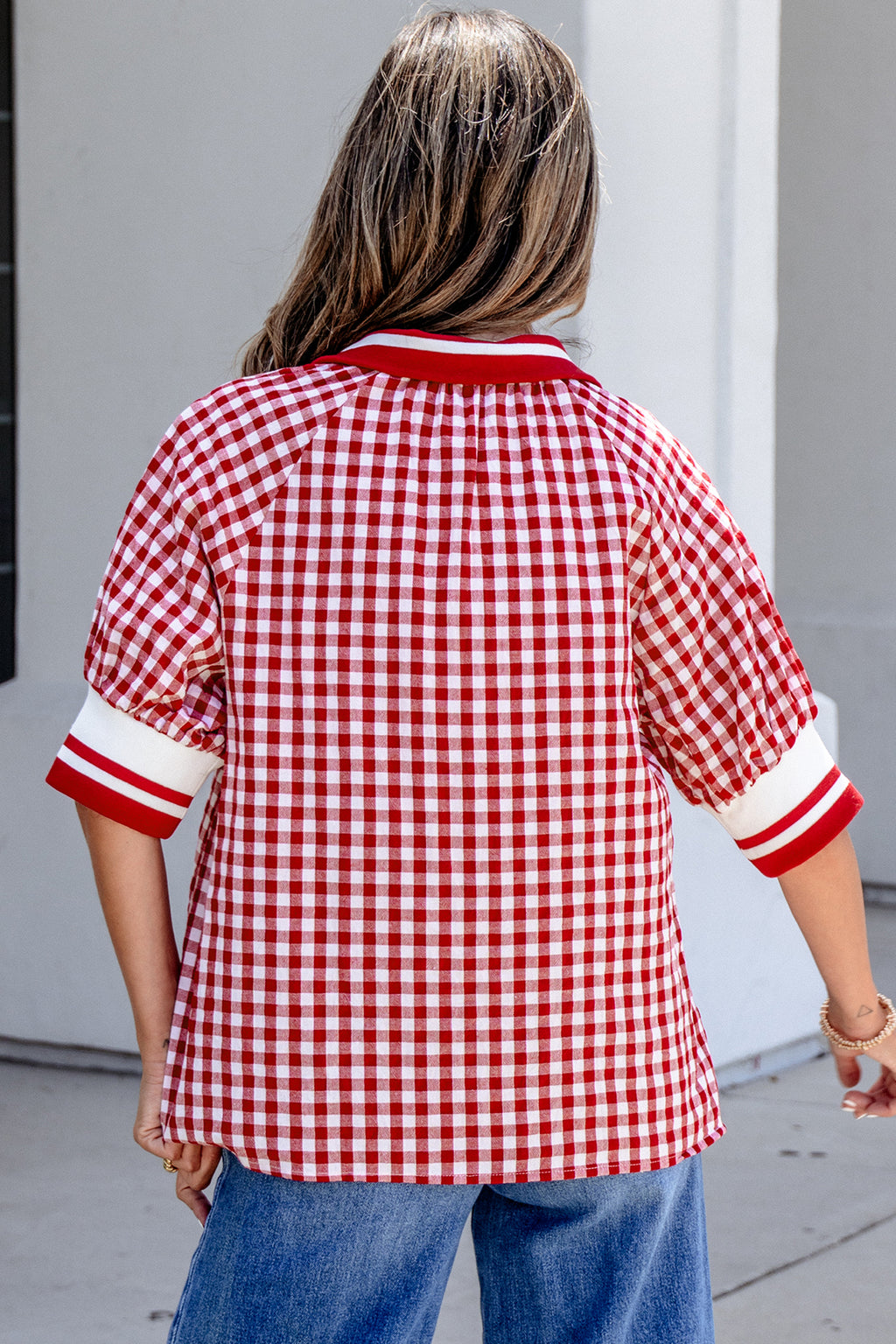 Red Gingham Striped Patchwork Half Zip Blouse