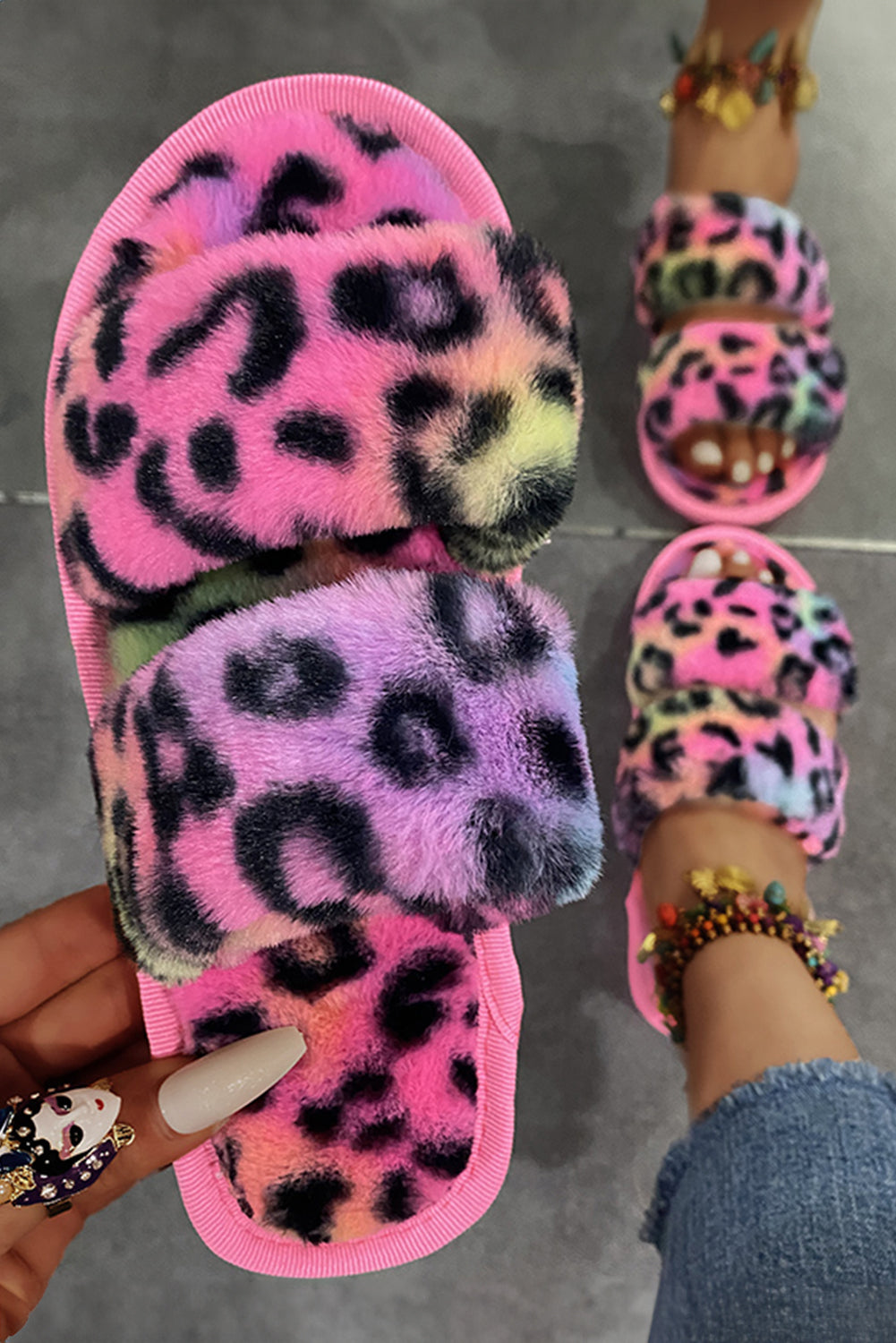 Rose Red Bold Plush Leopard Double Band Flat Slippers