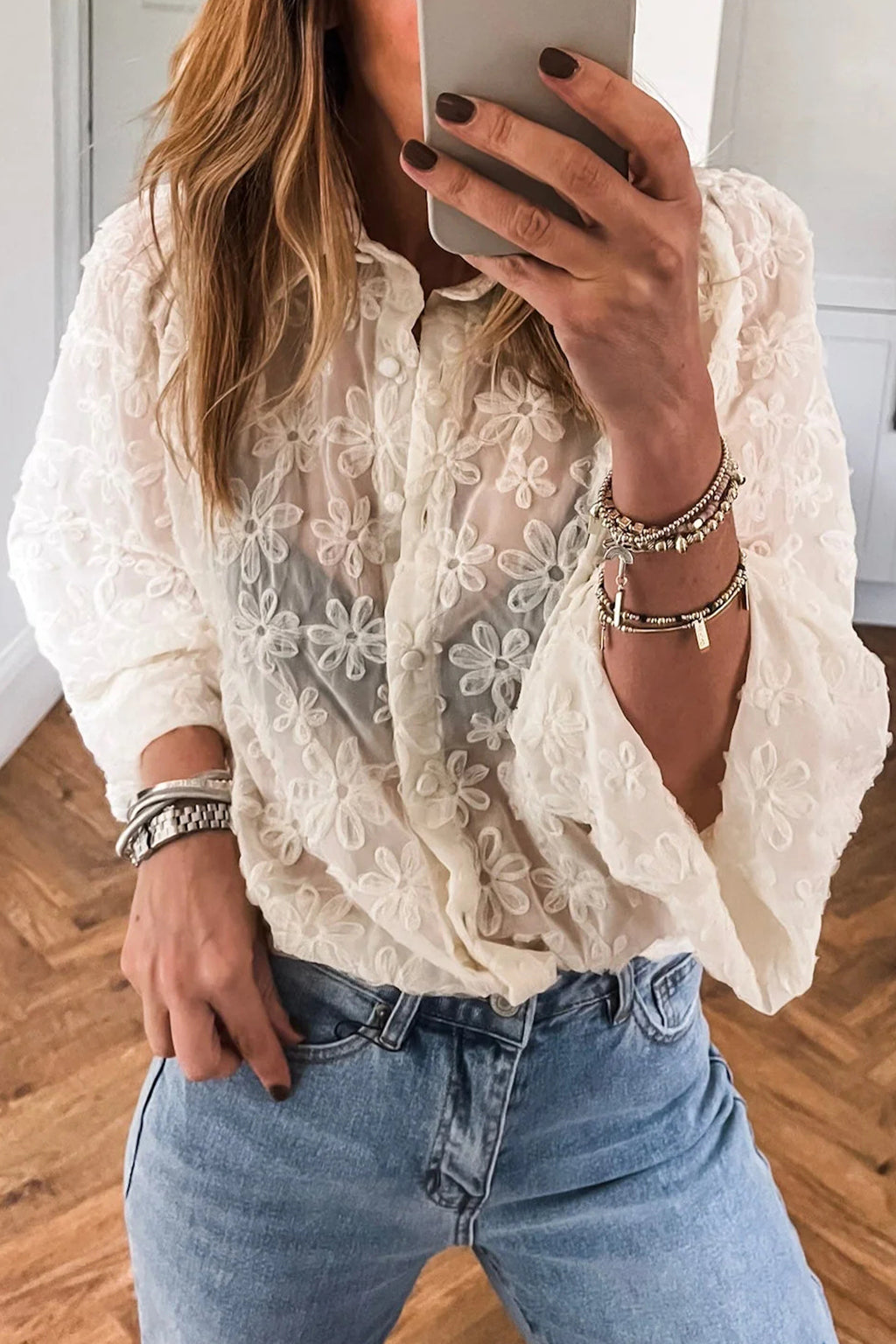 Beige Sheer Jacquard Floral Button-Down Long Sleeve Shirt