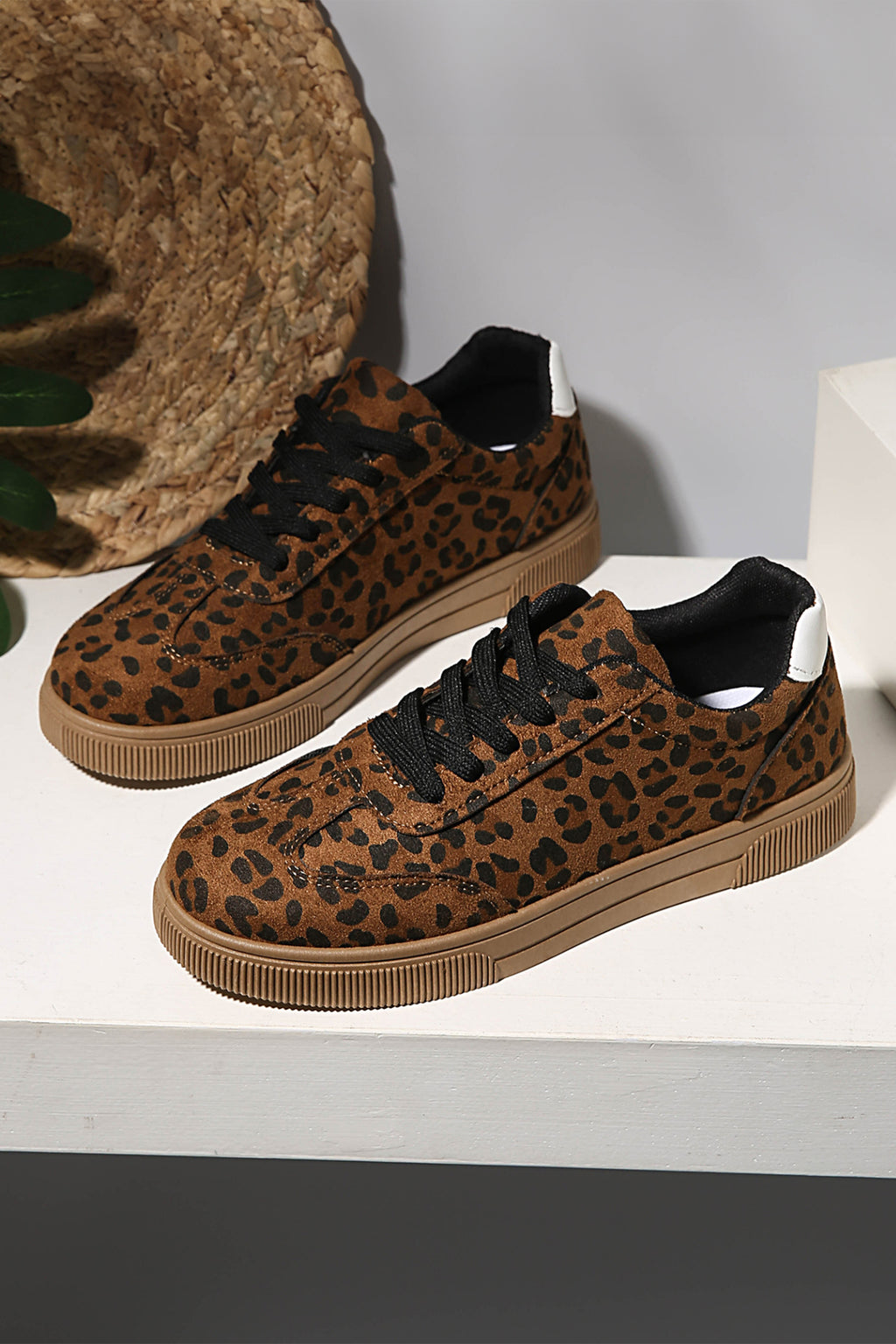 Coffee Leopard Print Contrast Heel Tab Patchwork Laceup Shoes
