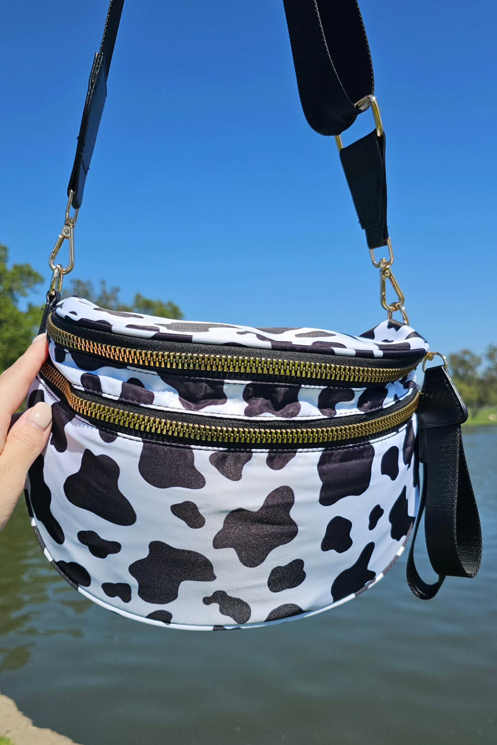 Dark Grey Checkered Print Wide Strap Large Crossbody Bag