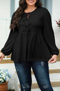 Black Solid Color Bow Tie Front Long Sleeve Plus Size Peplum Blouse
