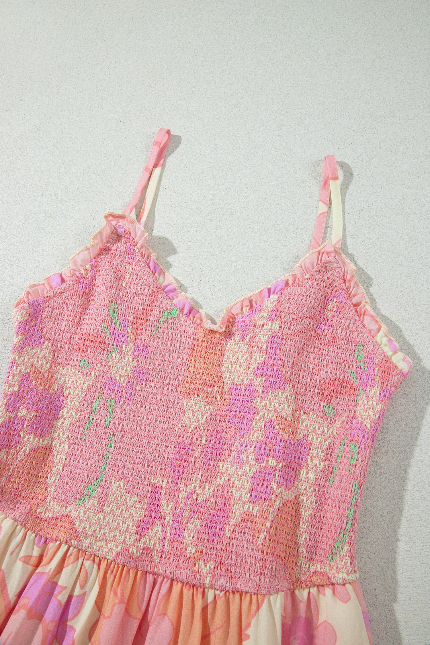 Pink Spaghetti Straps Floral Shirred High Waist Dress