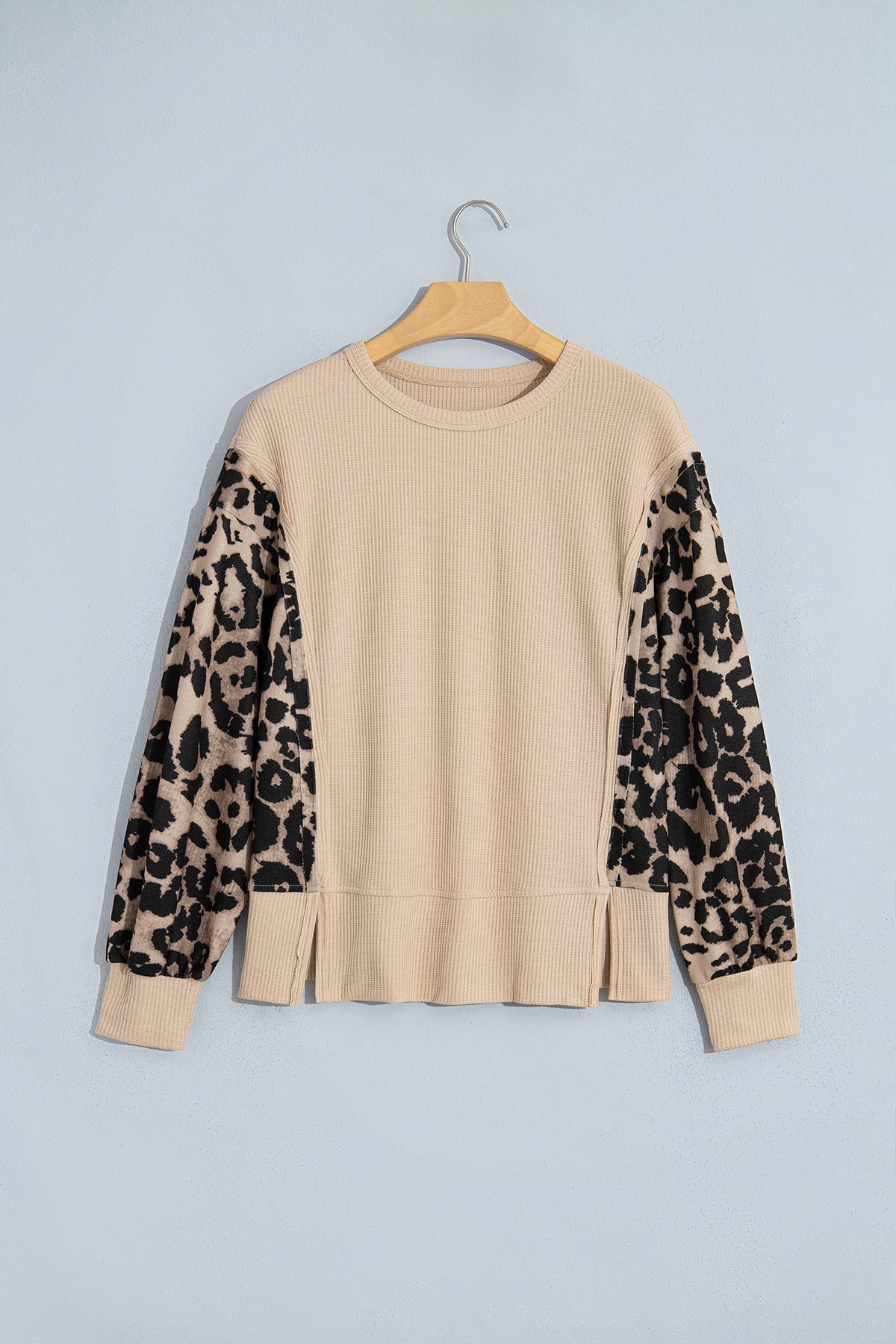 Gray Morn Leopard Sleeve Waffle Knit Split Hem Top