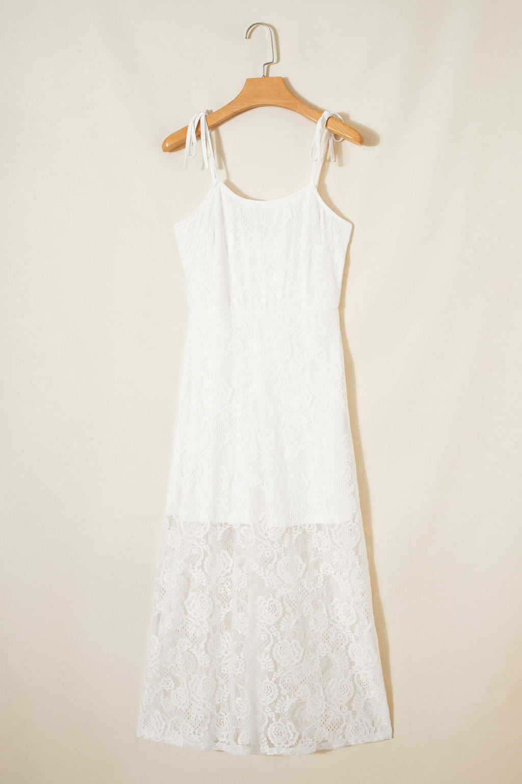 White Tie Spaghetti Straps Floral Lace Overlay Long Dress