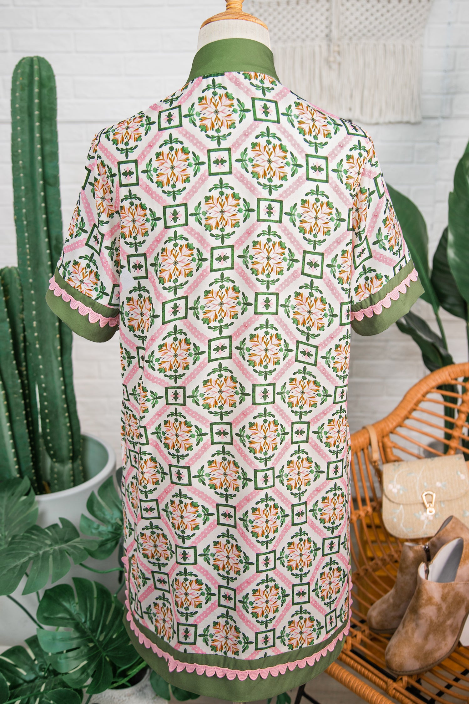 Multicolour Boho Geometric Flower Print Short Sleeve Loose Mini Dress
