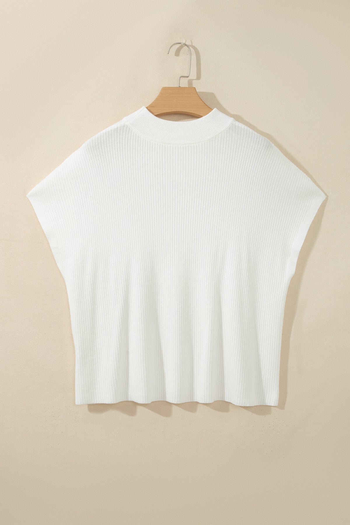 White Solid Color Ribbed Knit Mock Neck Loose Short Sleeve Sweater