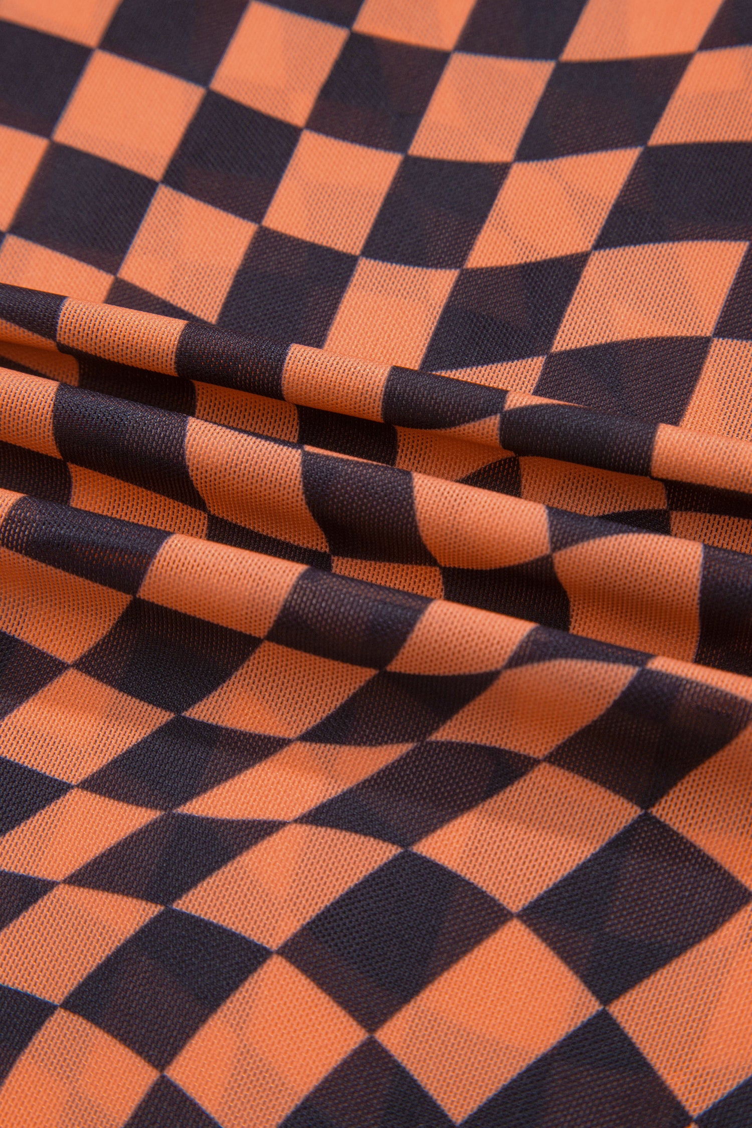 Orange Checkered Print Crew Neck Mesh T Shirt